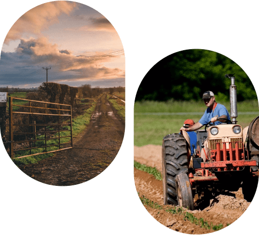 Farm gate at sunset and a farmer on a tractor